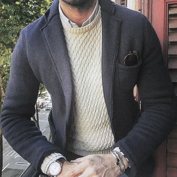 Guy Trendy Outfits Style Cream Knit Sweater With Navy Jacket