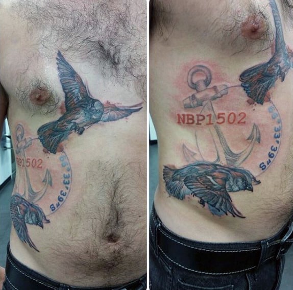 Guy With 3D Sparrow And Anchor Tattoo On Torso