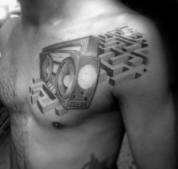 Guy With 3d Boombox Maze Upper Chest Tattoo Design