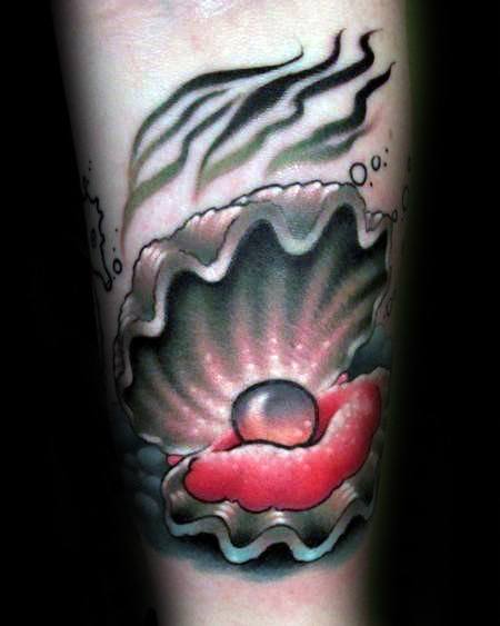 Colorful clam tattoo featuring an open shell with a glowing pearl on a red cushion, surrounded by bubbles and flowing water-like lines.