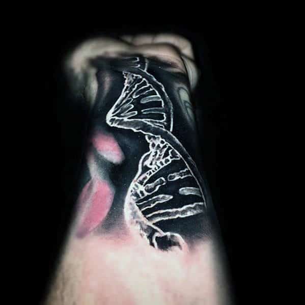 Guy With 3d Dna Helix Strand Black And White Ink Forearm Tattoo