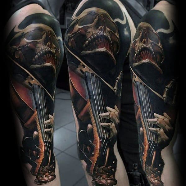 Dark and detailed full-arm tattoo of a skull playing a violin, blending hyper-realism with a dramatic horror aesthetic in rich, moody tones.