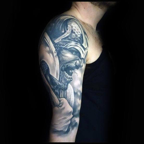 Guy With 3d Viking Realistic Tattoo Deisgn On Arm