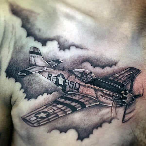 Tattoo of a vintage airplane soaring through clouds on a person's chest