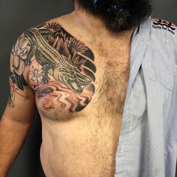 Guy With Alligator Tattoo On Chest