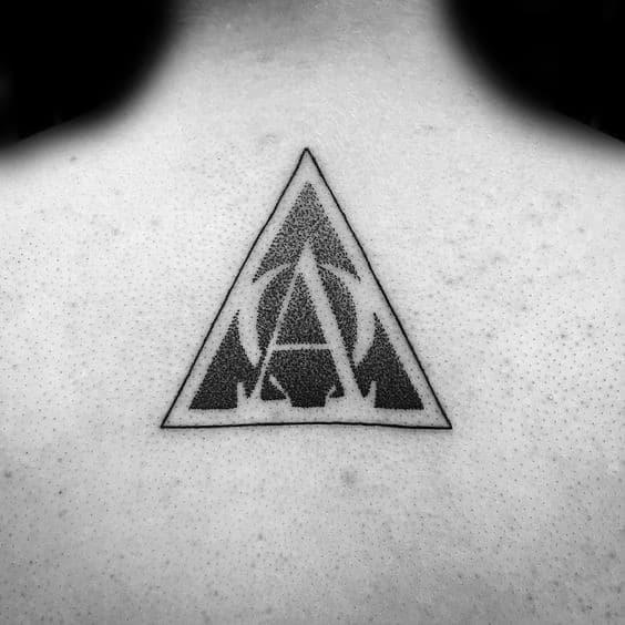 Guy With Alpha Omega Dotwork Triangle Upper Back Tattoo