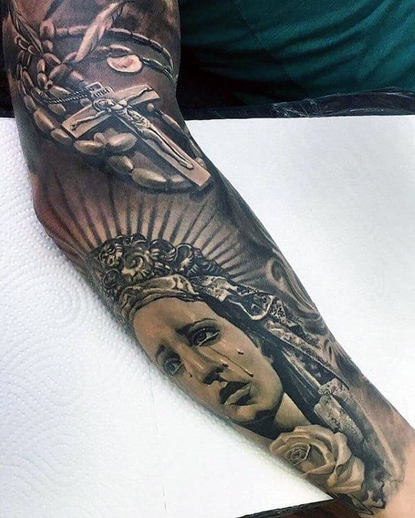 Guy With Amazing Full Sleeve Cross Virgin Mary Tattoo Designs