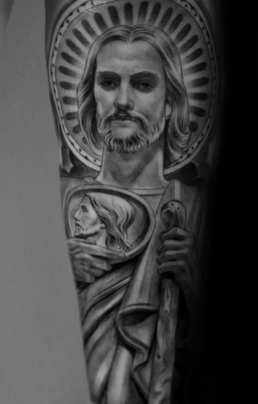 Guy With Amazing St Jude Shaded Religious Forearm Sleeve Tattoo