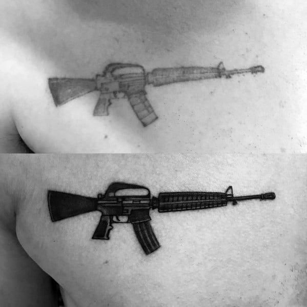 Before and after comparison of an AR-15 chest tattoo, showing a faded design transformed into a bold, detailed black and grey rifle tattoo.