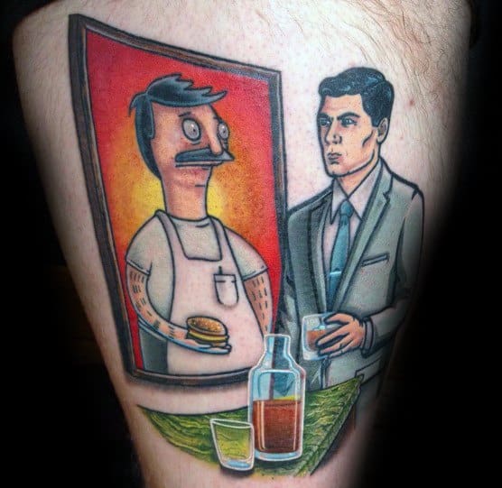 Unique Archer tattoo featuring the spy with a drink, looking at Bob Belcher in a framed portrait, blending both characters in a fun design.