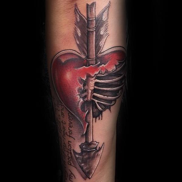 A realistic heart tattoo with an embedded arrow and exposed ribs, blending red and black ink