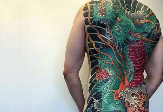 Guy With Awesome Green Chinese Dragon Tattoo Full Back