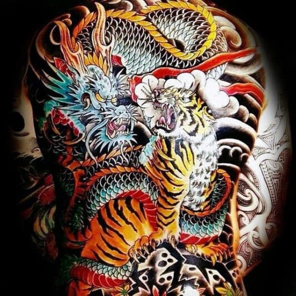 Guy With Back Tiger Dragon Tattoo Design