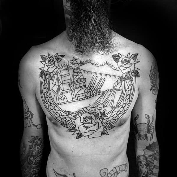 Battleship tattoo on a man's chest with three large roses and laurel wreath design in black ink