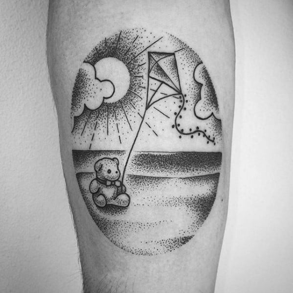 Guy With Beach Landscape Kite Tattoo Design On Forearm
