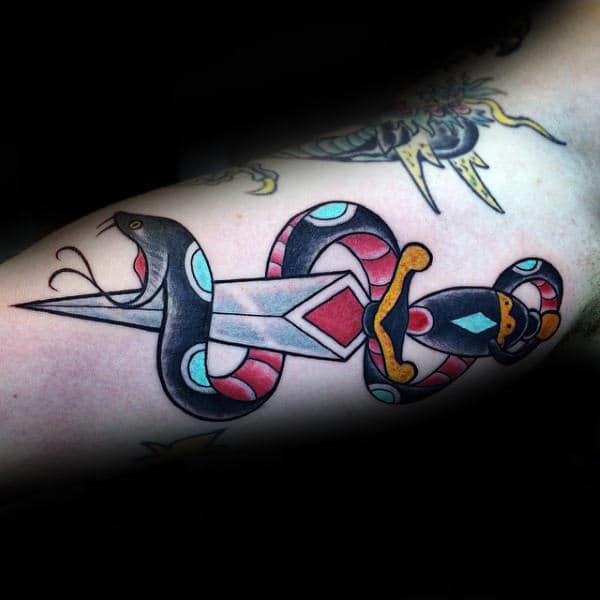 Guy With Black And Red Snake And Dagger Traditional Bicep Tattoo