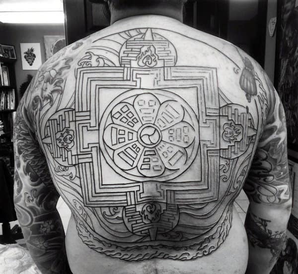Guy With Black Buddhism Drawings Tattoo On Whole Back
