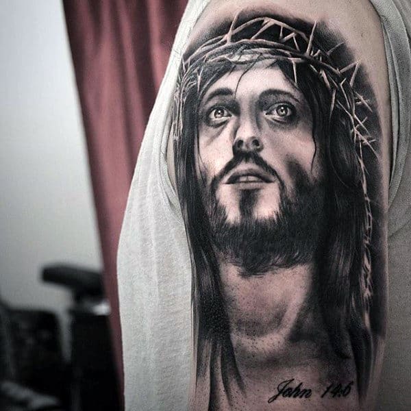 Guy With Black Ink Shaded Jesus Thorn Crown Upper Arm Tattoo