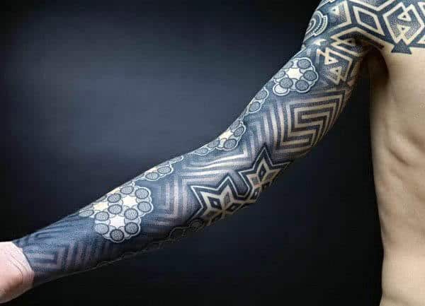 Guy With Blue Ink Pointillism Pattern Full Sleeve Tattoo