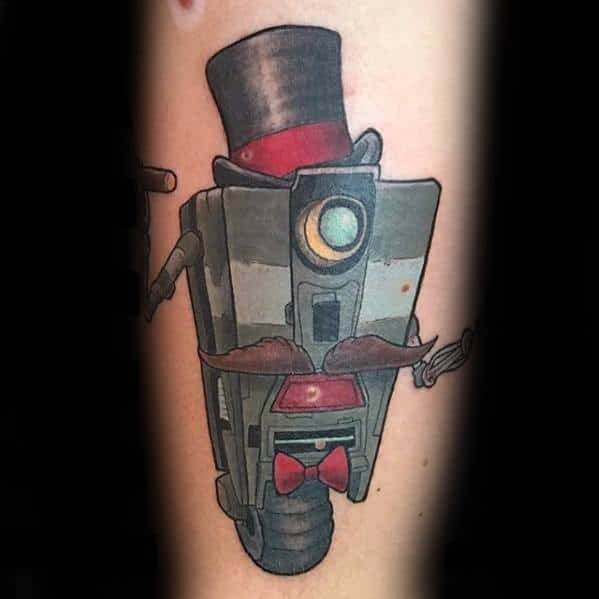 Claptrap tattoo in a classy outfit, featuring a top hat, bow tie, and mustache for a quirky, gentleman-style twist.