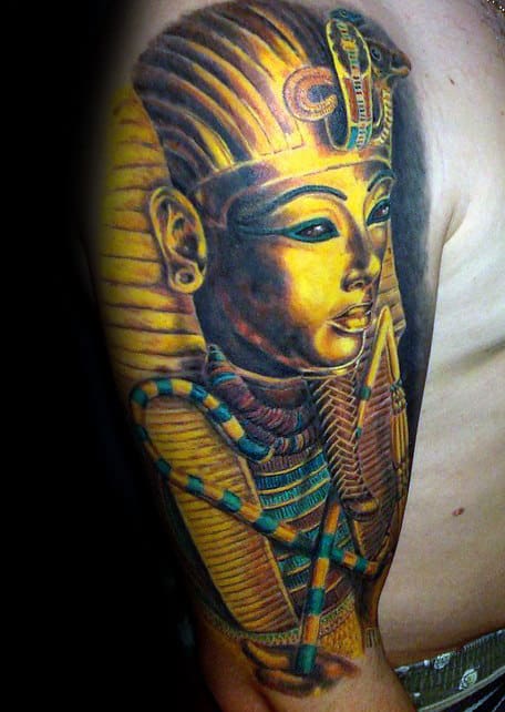 Guy With Bright Gold King Tut Half Sleeve Tattoo