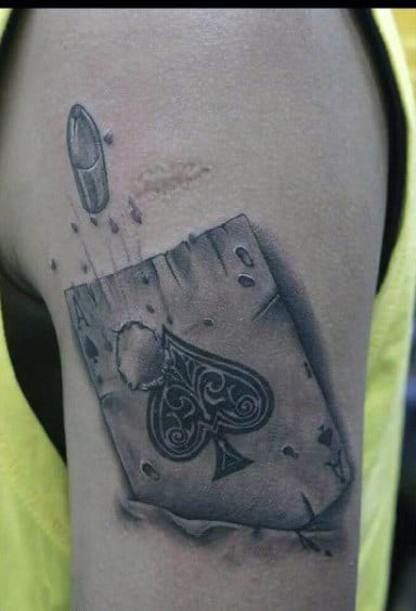 Guy With Bullet Piercing Through Ace Of Spades Tattoo Male Arms