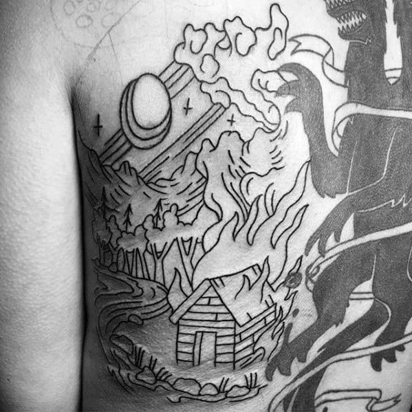 Guy With Cabin In The Woods River Tattoo Design On Back