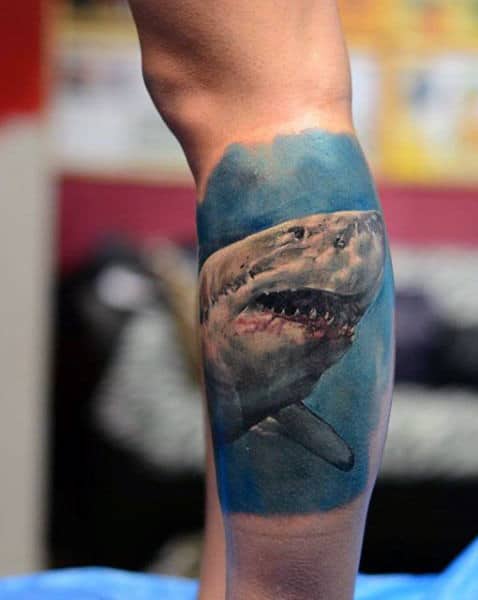 Guy With Calf Hammerhead Shark Tattoo