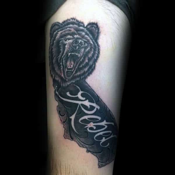 Guy With California Bear State Map Tattoo Deisgn On Arm