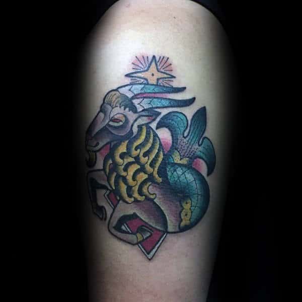 Guy With Capricorn Old School Goat Thigh Tattoo