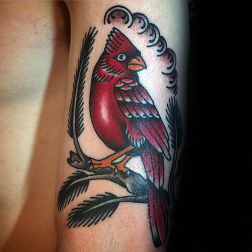 Guy With Cardinal Bird Traditional Design Tattoo On Arm