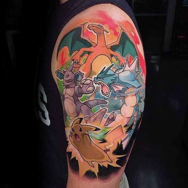 Vibrant upper arm tattoo with Charizard, Pikachu, Blastoise, and Nidoking in battle, surrounded by bold lightning and fiery colors.