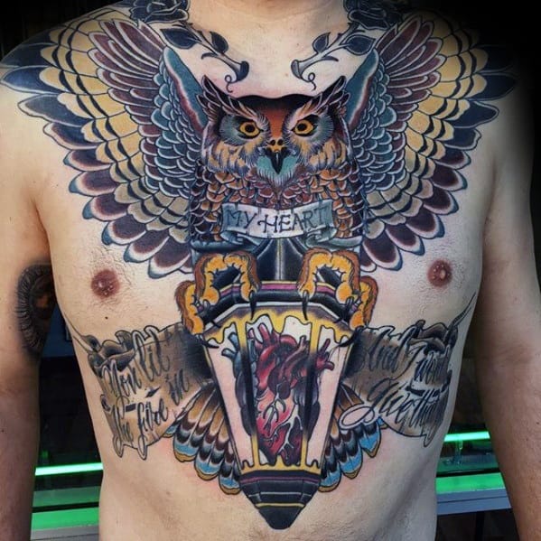 Guy With Chest Owl Flying With Lantern Tattoo Design