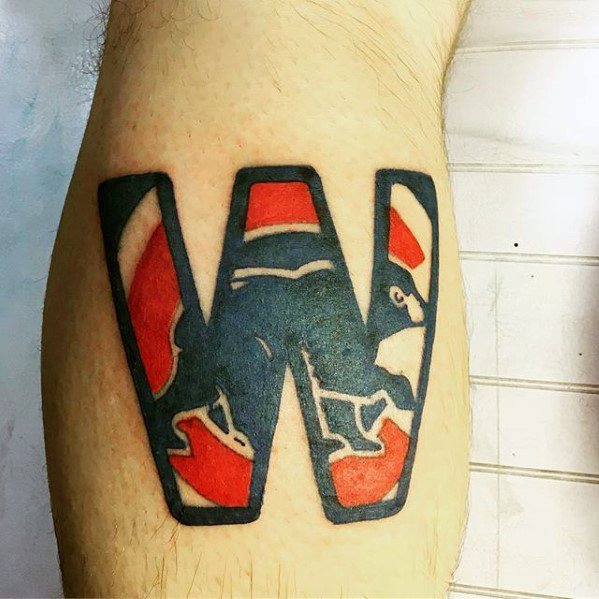 Guy With Chicago Cubs Tattoo Design On Leg Calf