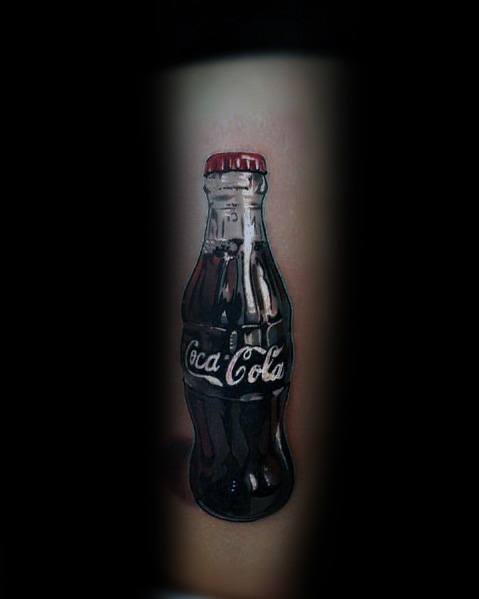Hyper-realistic Coca-Cola bottle tattoo with detailed reflections, deep shading, and a glossy 3D effect for a lifelike and classic design.