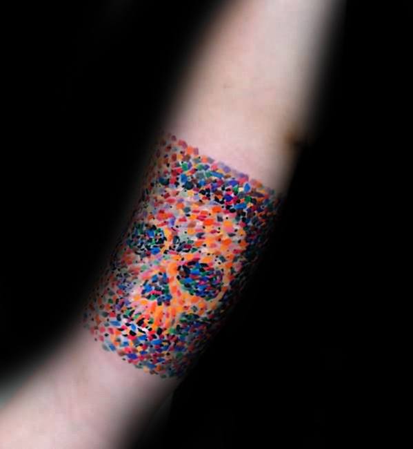 Guy With Colorful Dots Skull Arm Mosaic Tattoo Design