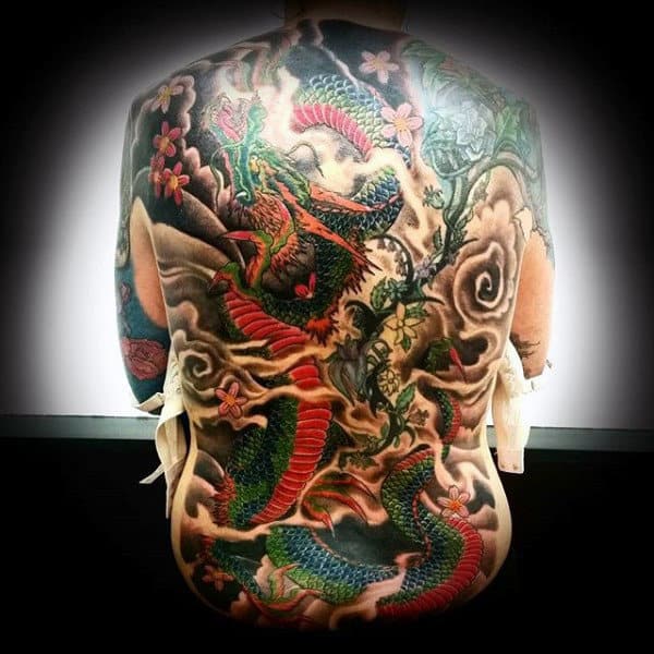 Guy With Colorful Serpent And Plants Tattoo Mens Full Back