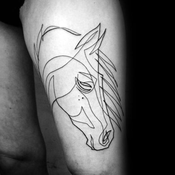 Abstract continuous line tattoo of a horse's head on the thigh, featuring flowing black ink strokes for a dynamic and artistic design.