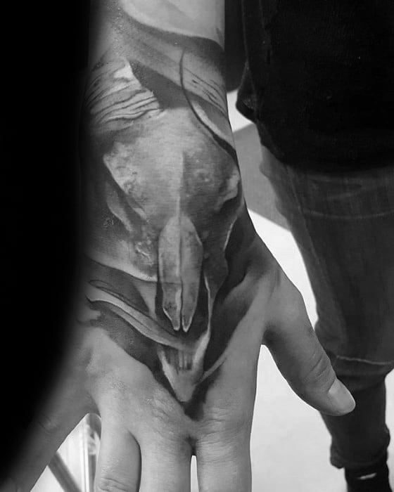 Guy With Cool Goat Skull 3d Hand Tattoo