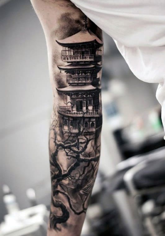 Guy With Cool Japanese Shaded Black And Grey Arm Tattoo