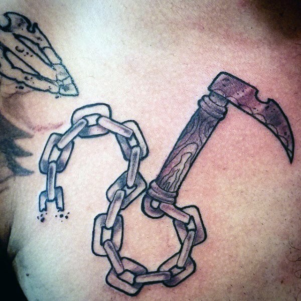 Guy With Cool Katana Sword In Chain Ninja Chest Tattoo