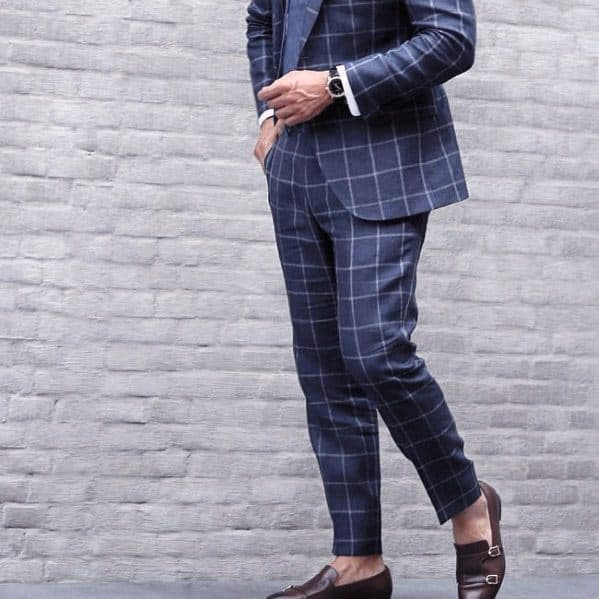 Guy With Cool Navy Blue Checkered Suit Brown Shoes Clothing Style