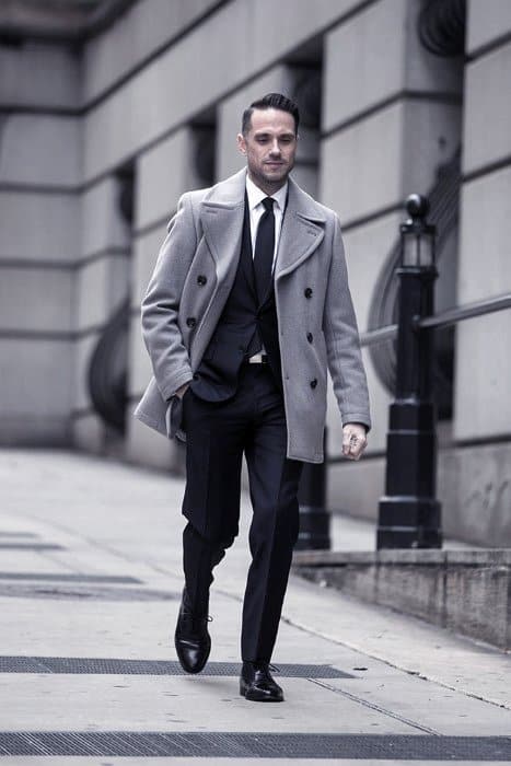 Guy With Cool Navy Blue Suit Black Shoes And Grey Coat Clothing Style