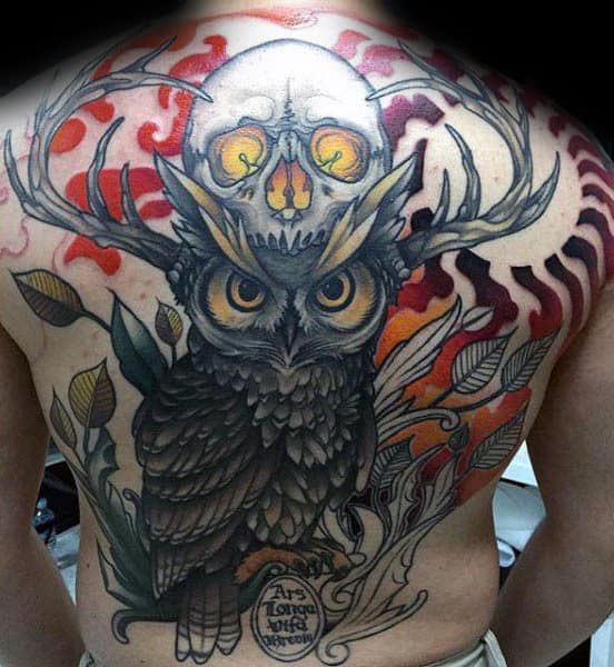 Guy With Cool Owl And Skull Back Tattoo Design