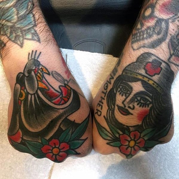 Guy With Cool Panther And Nurse Traditional Hand Tattoo