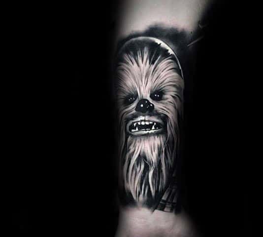 Guy With Cool Shaded Chewbacca Black And Grey Leg Sleeve Tattoo Design