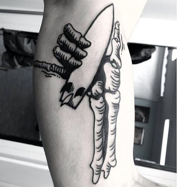 Guy With Cool Skeleton Hand Surf Board Small Unique Inner Arm Tattoos