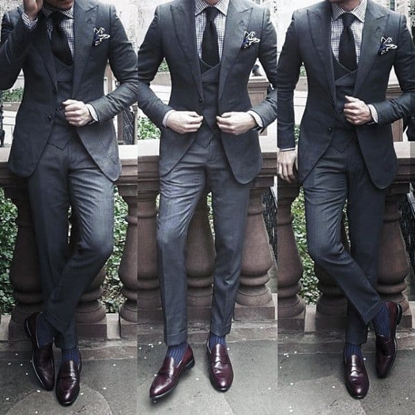 Guy With Cool Sophisitcated Charcoal Grey Suit Brown Shoes Clothing Style