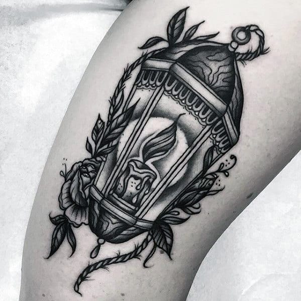Guy With Cool Traditional Lantern Black And Grey Ink Arm Tattoo