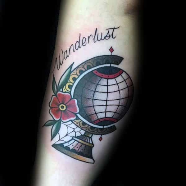 Guy With Cool Wanderlust Inner Arm Bicep Tattoo